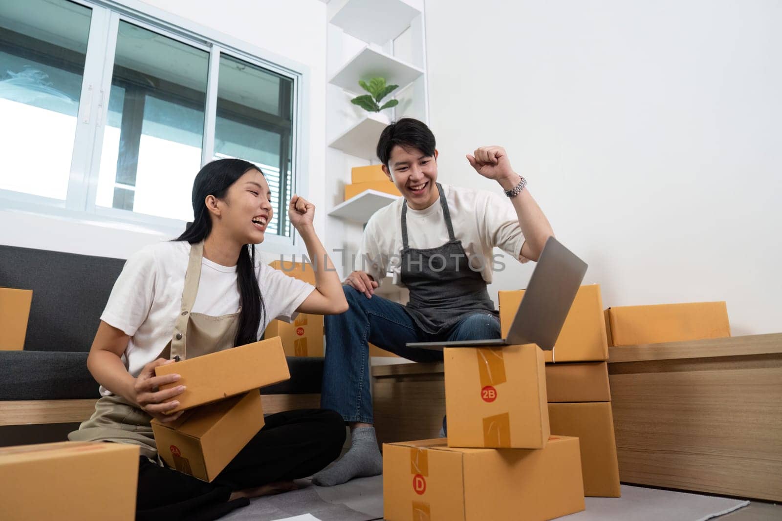 A couple cheers in their cozy home office, surrounded by boxes, celebrating their hard work and achievements together.