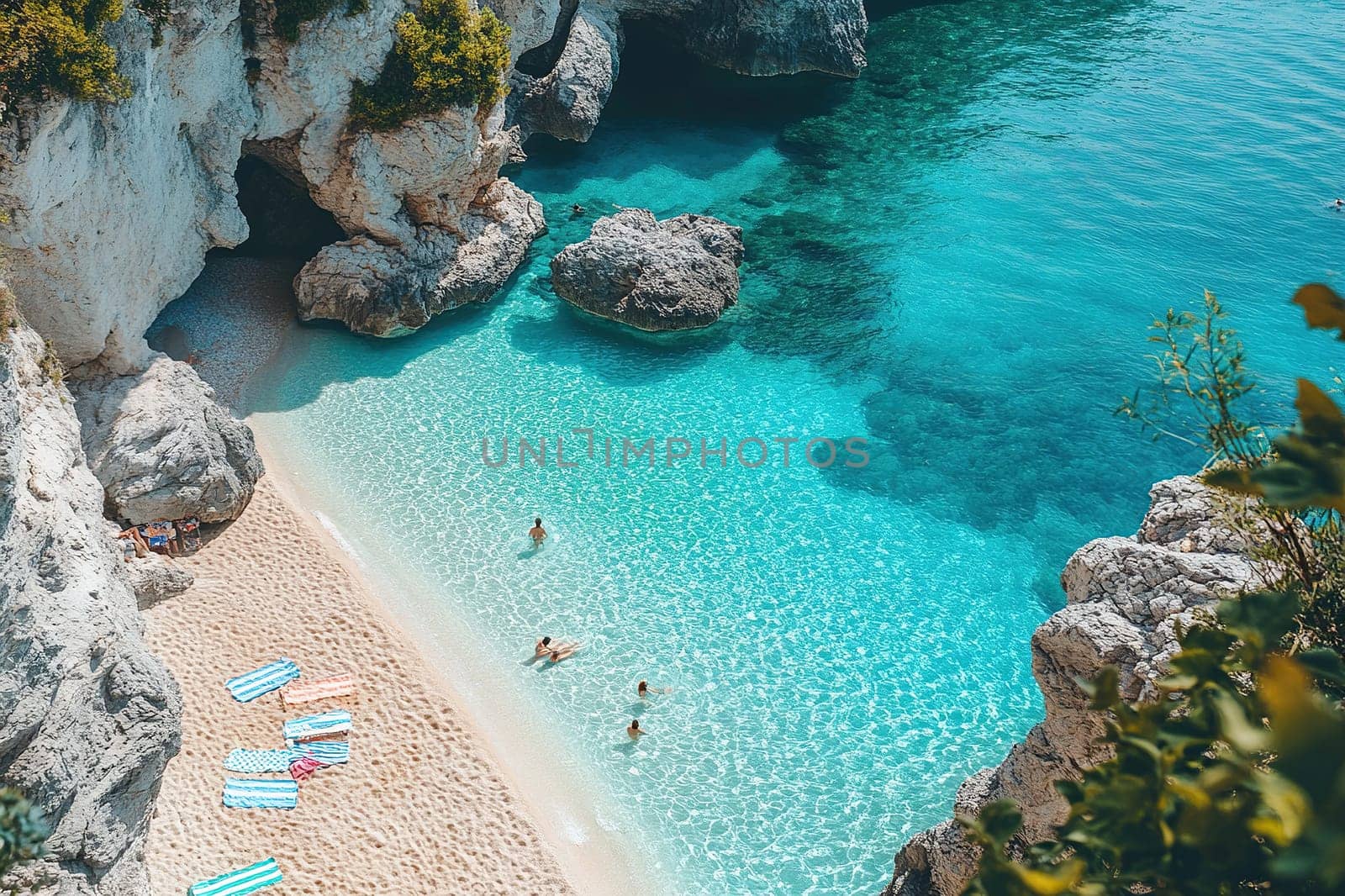 Top view of people swimming in a natural pool with crystal clear blue water. Summer vacation