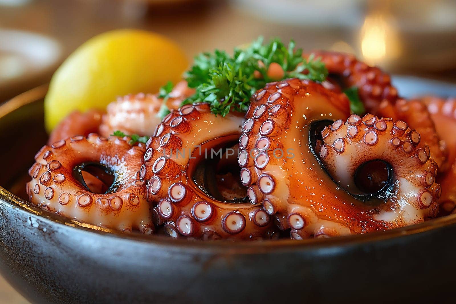 Close-up of octopus dish with lemon and herbs