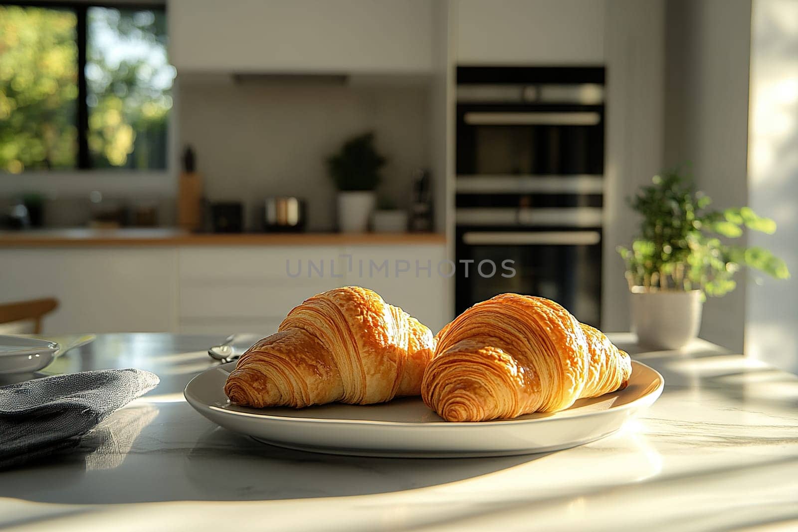 Two fresh croissants on a white plate for breakfast in the kitchen. Delicious breakfast in the sunlight.