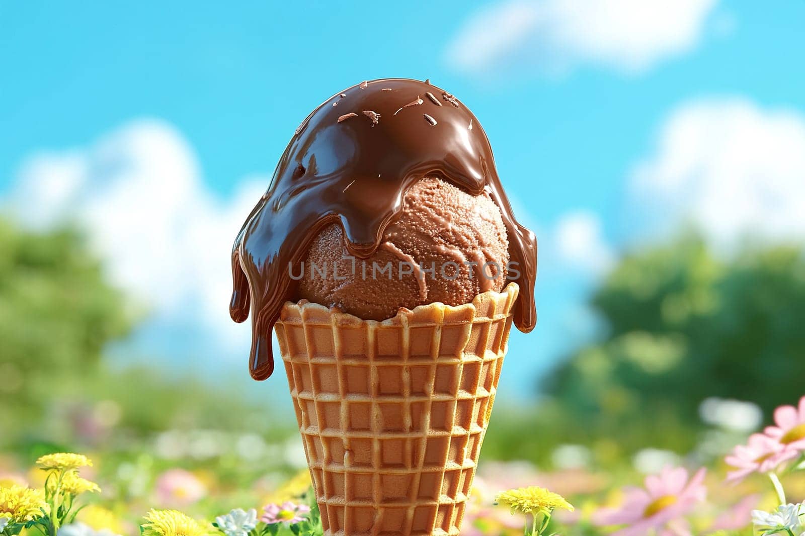 Chocolate ice cream with chocolate topping in a waffle cone on a summer background.