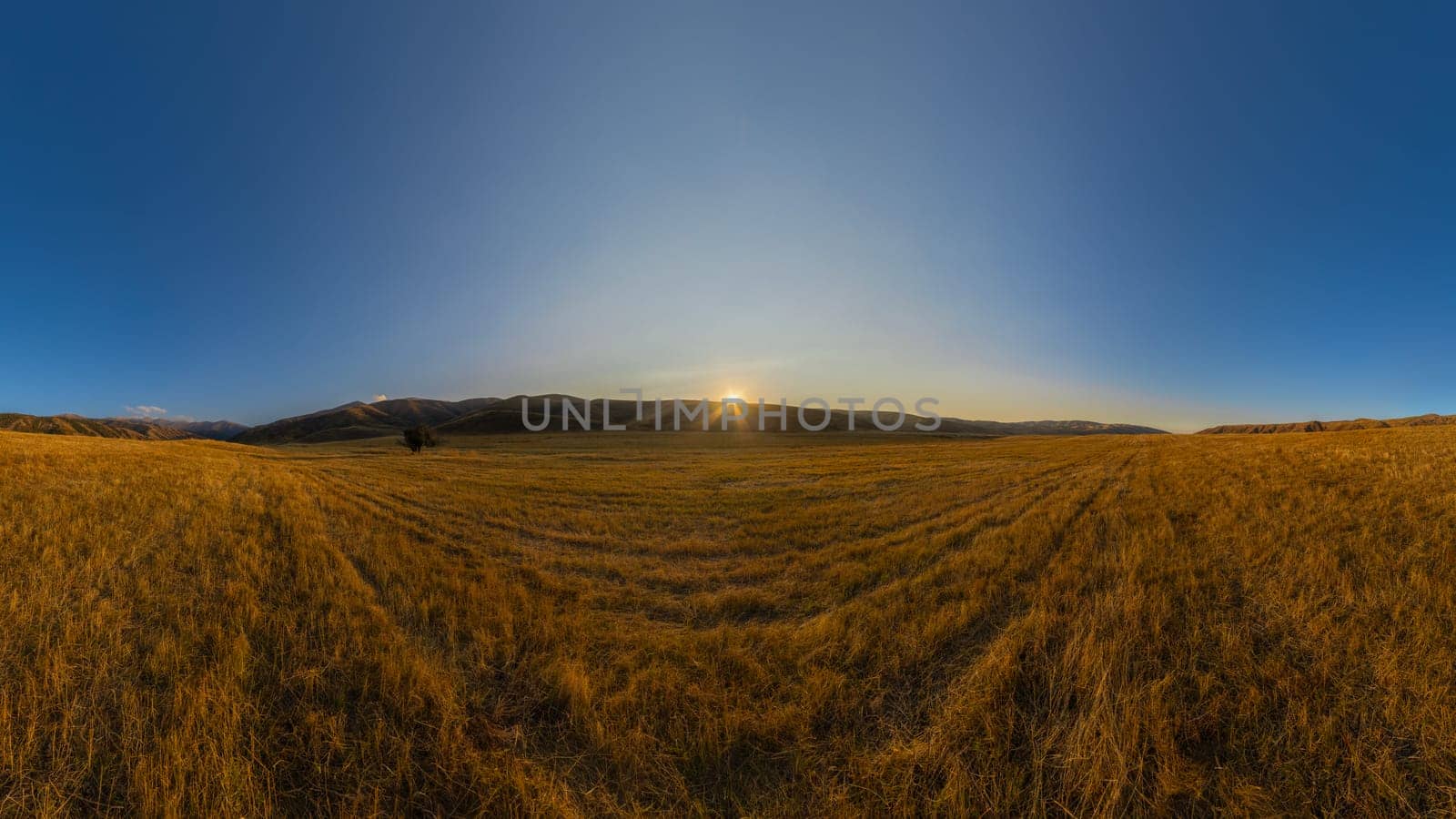 harvested moved agricultural field with straw stubble surrounded with foothills at autumn sunset with blue sky