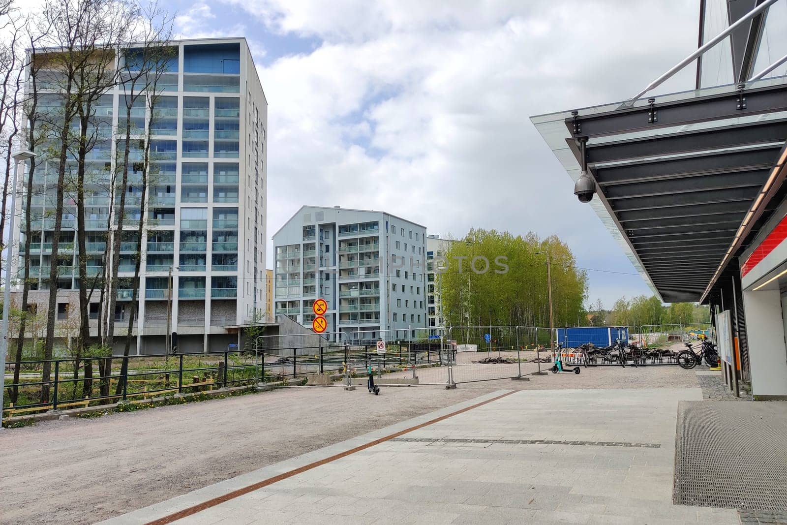 Espoo, Finland - MAY 22, 2025: Meritie construction in the city of Espoo, Finland, near Finnoo metro station. The area is closed with construction barriers