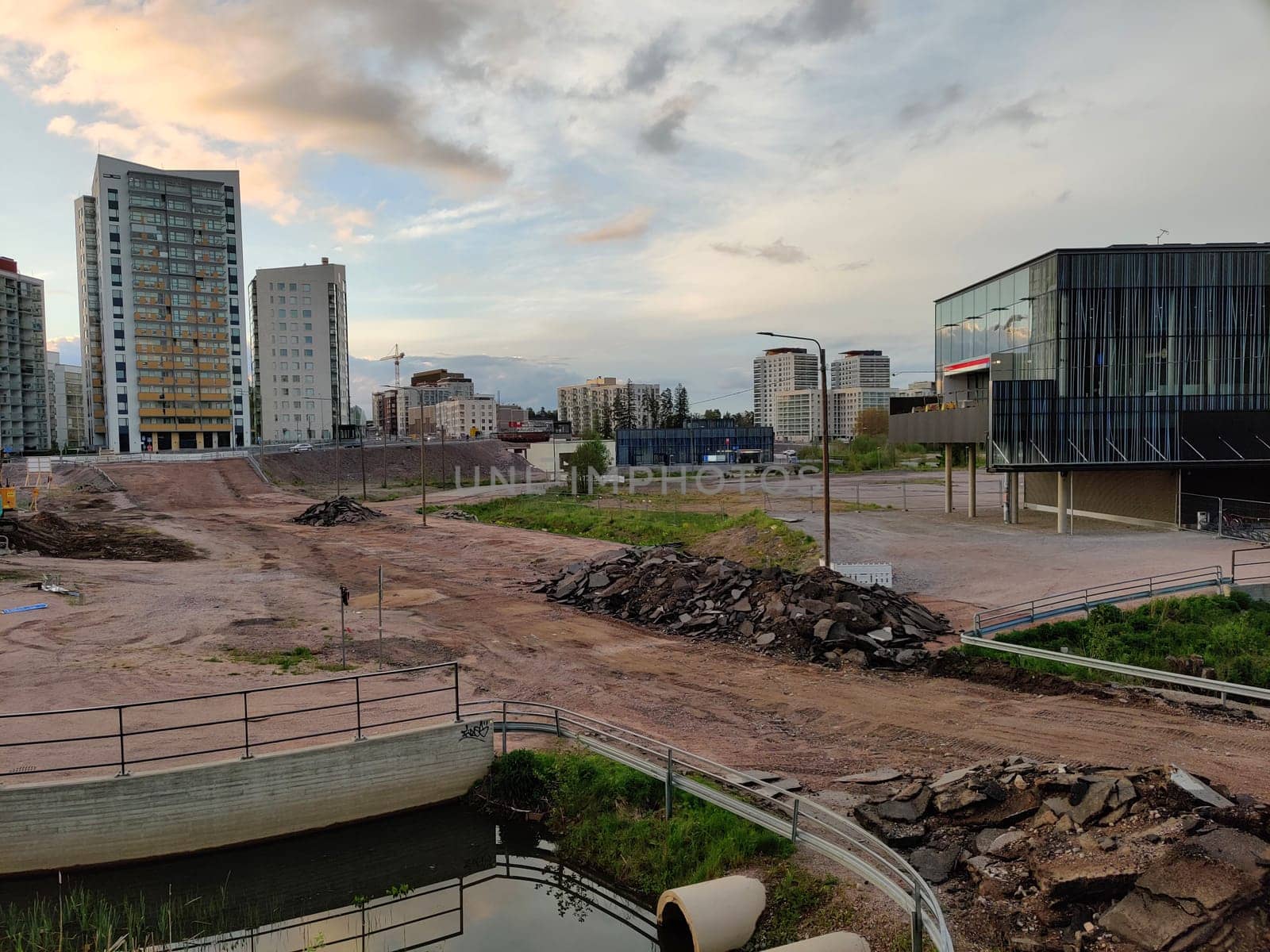 Espoo, Finland - MAY 23, 2025: Meritie road construction in the city of Espoo, Finland, Finnoo metro station and syva salmi. The area is closed with construction barriers