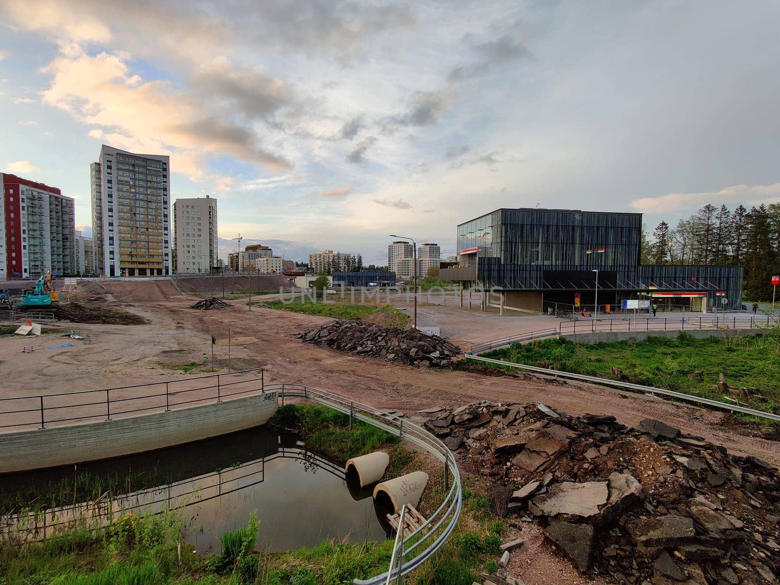Espoo, Finland - MAY 23, 2025: Meritie road construction in the city of Espoo, Finland, Finnoo metro station and syva salmi. The area is closed with construction barriers