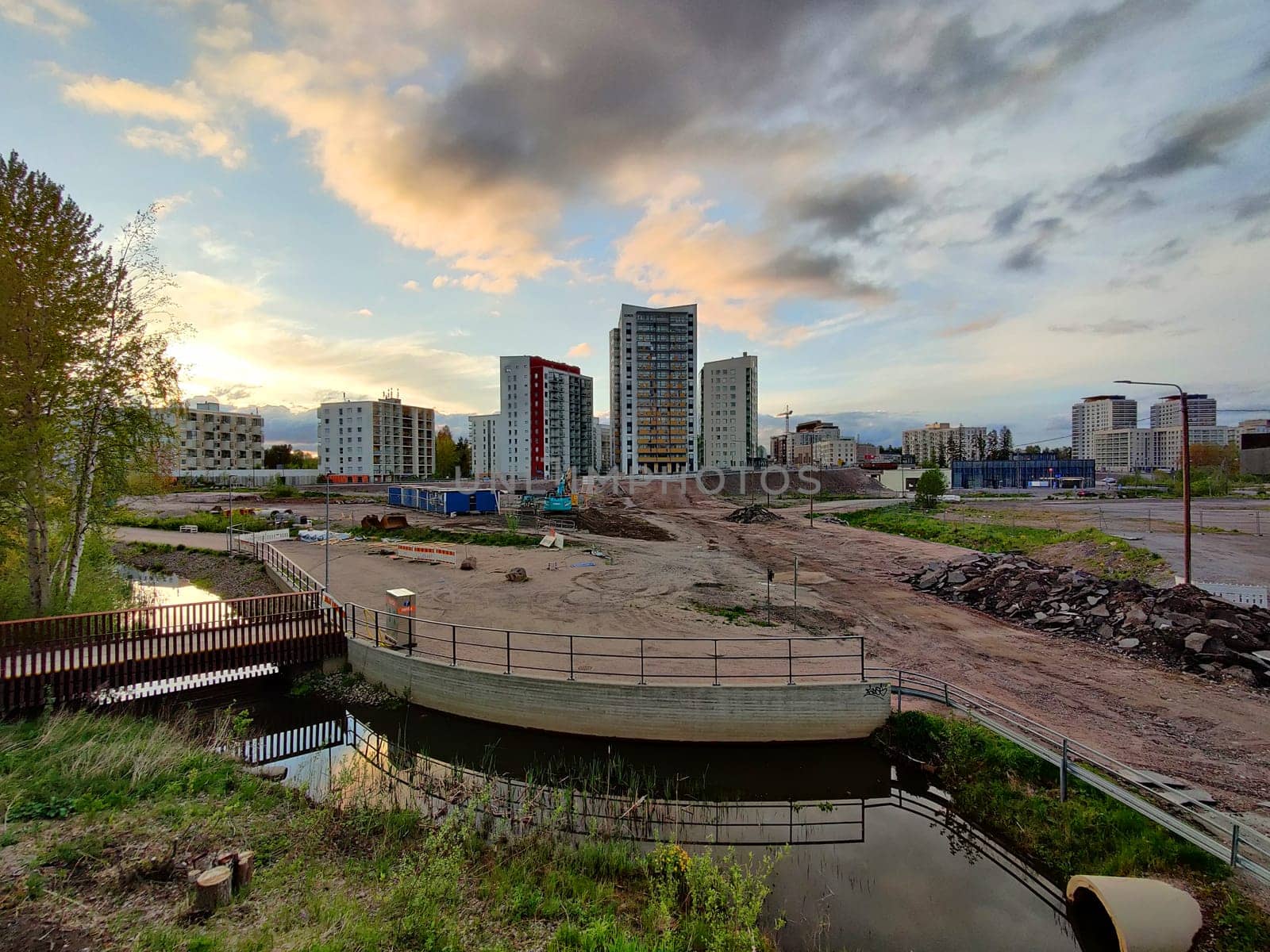 Espoo, Finland - MAY 23, 2025: Meritie road construction in the city of Espoo, Finland, Finnoo metro station and syva salmi. The area is closed with construction barriers