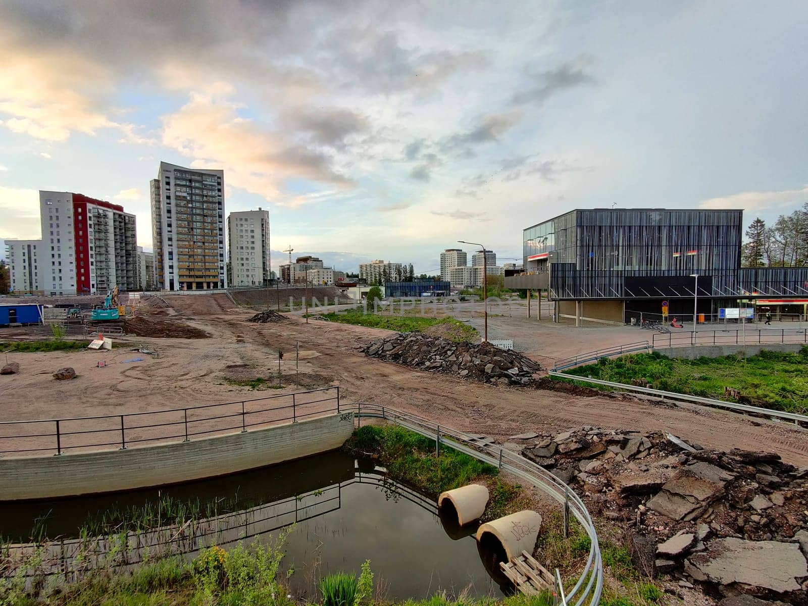Espoo, Finland - MAY 23, 2025: Meritie road construction in the city of Espoo, Finland, Finnoo metro station and syva salmi. The area is closed with construction barriers