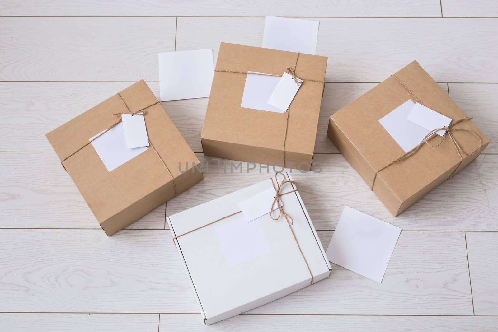 Many boxes with space for advertisement delivered from online store. Internet shopping and delivery.