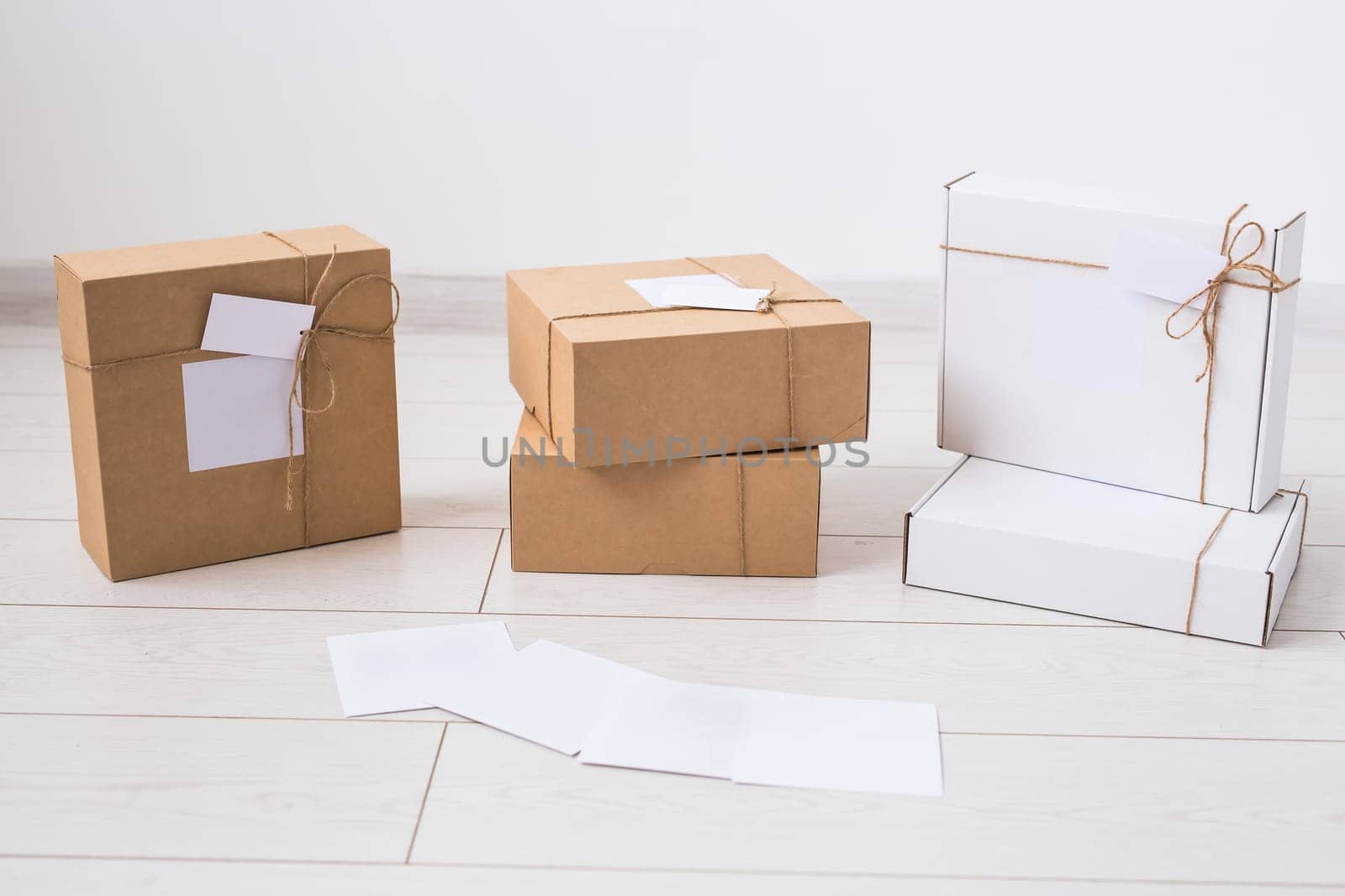 Many boxes with space for advertisement delivered from online store. Internet shopping and delivery.