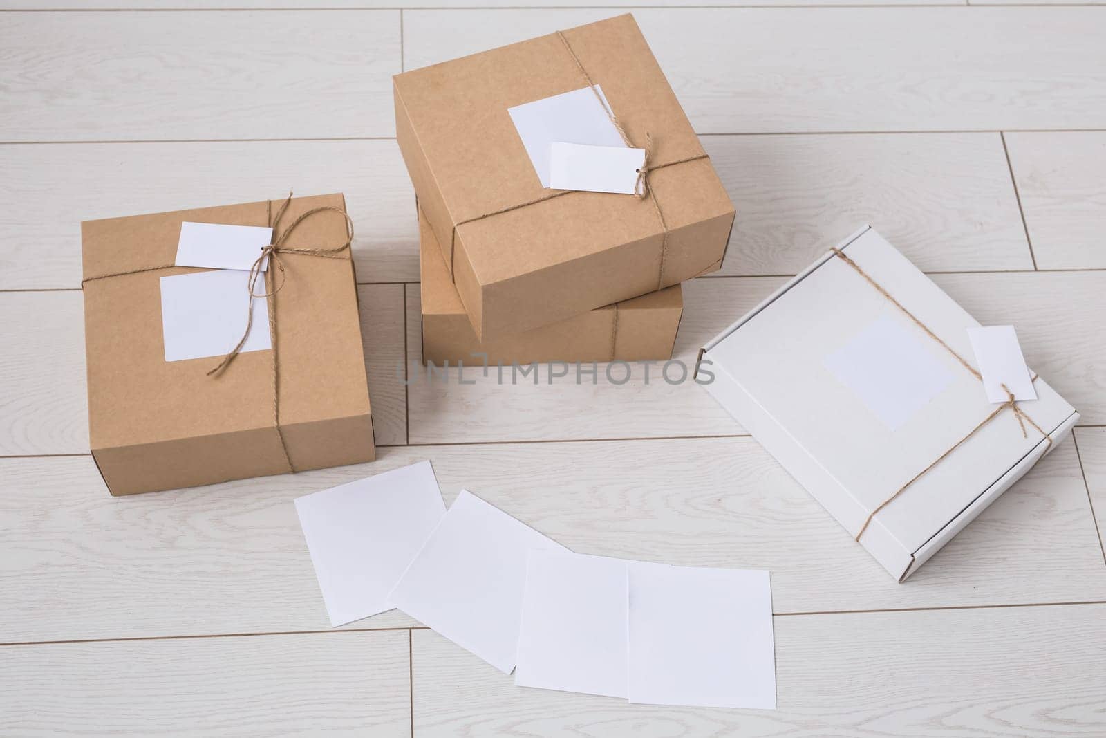 Many boxes with space for advertisement delivered from online store. Internet shopping and delivery.
