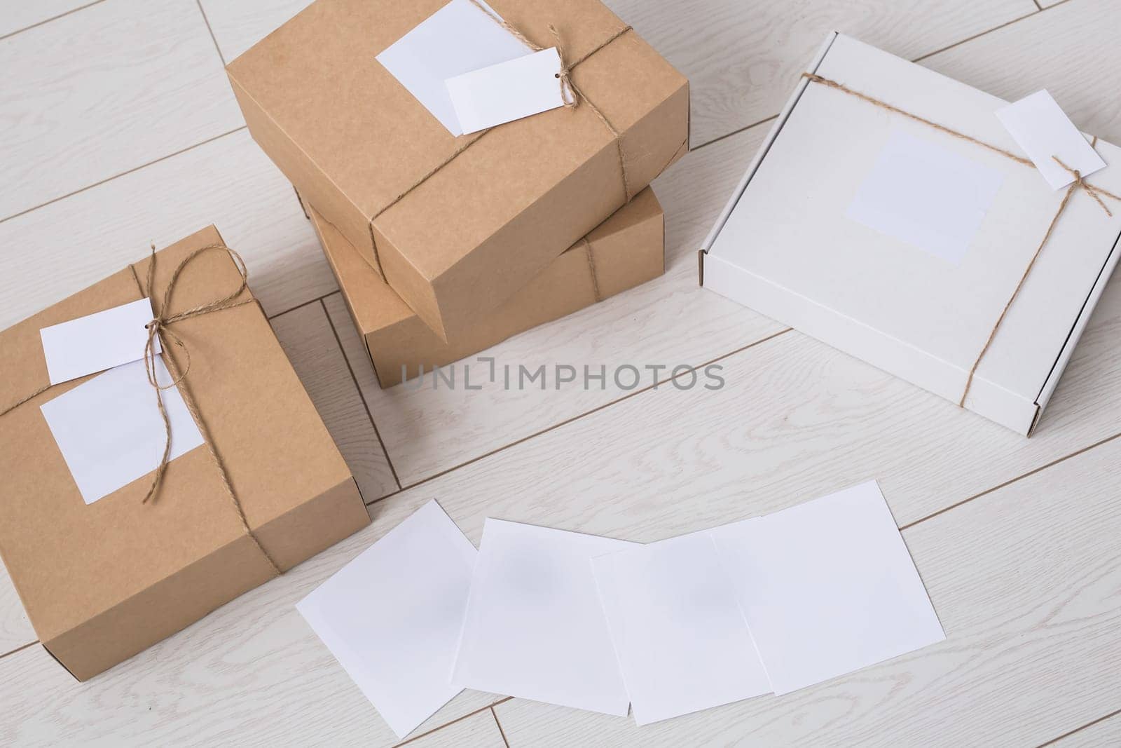 Many boxes with space for advertisement delivered from online store. Internet shopping and delivery.