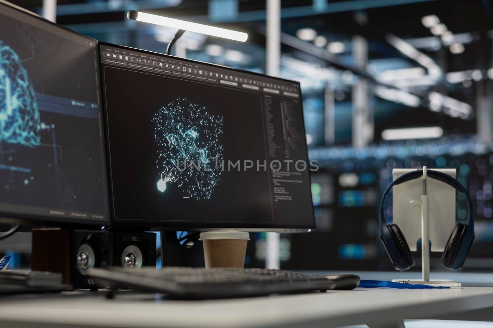 Close up of computer screens in server room monitoring artificial intelligence visualizing neural networks data and analytics. PC displays overseeing servers powering machine learning operations