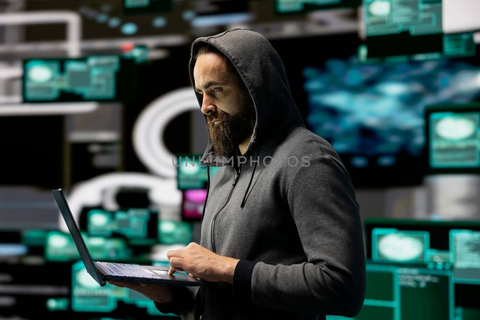 Skilled IT expert compromising cyber security through malware and viruses, digital threat of hacking with unauthorized intrusion into secure networks. Leading to quantum threat and risk.