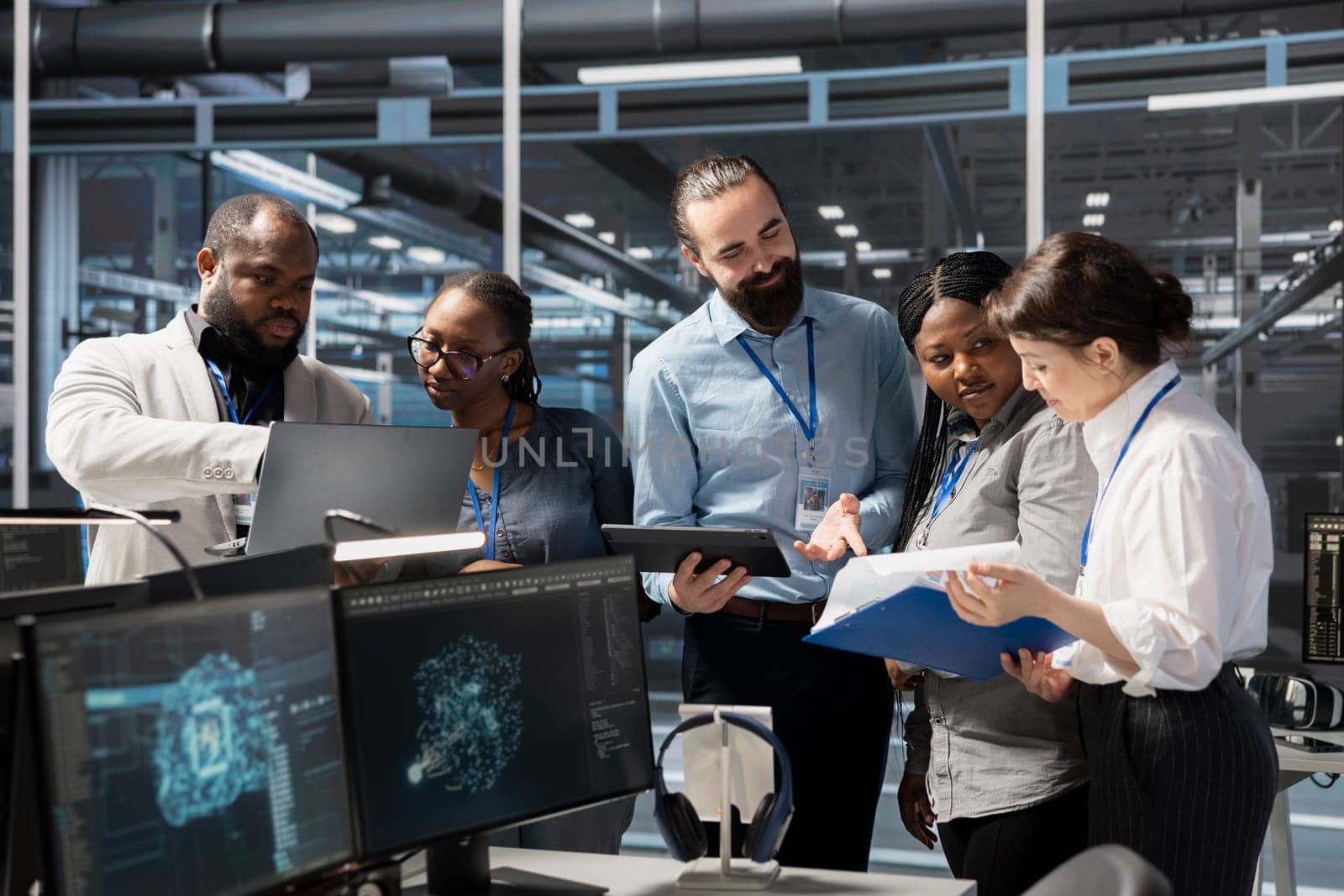 Engineering team working together in data center with artificial intelligence neural networks tech. Server farm staff members cooperating, using AI programming language to update equipment