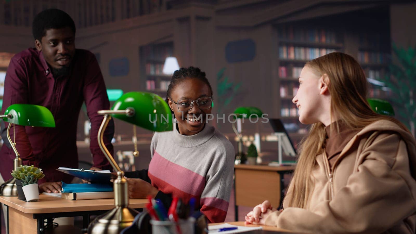 Female pupil reviewing the educational research collection at the library, studying for her exams to obtain her bachelor degree. Young student fighting for a scholarship. Camera A.