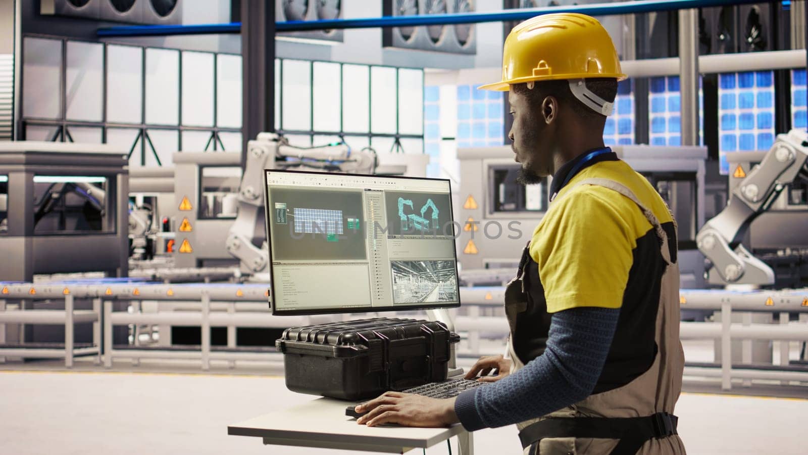 Engineer overseeing solar panel production lines equipment using PC software. Worker maintaining photovoltaic assembly systems in automated industry 4.0 factory using computer, camera A