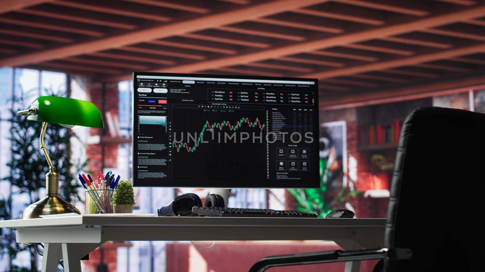 Modern trading setup with monitor running forex trends going up, high end classy apartment workstation. Clean desk provide a professional space for stock exchange analysis. Camera A.