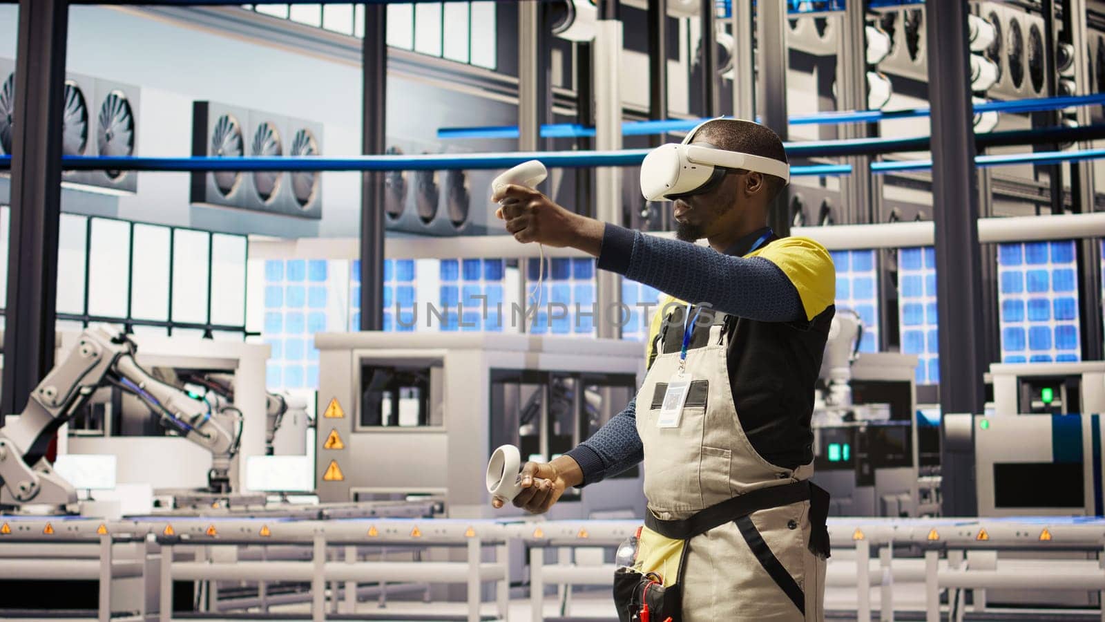 Smart factory specialist using virtual reality simulation to predict equipment failures. Industry 4.0 plant engineer using VR headset to follow maintenance procedures and repair damages, camera A