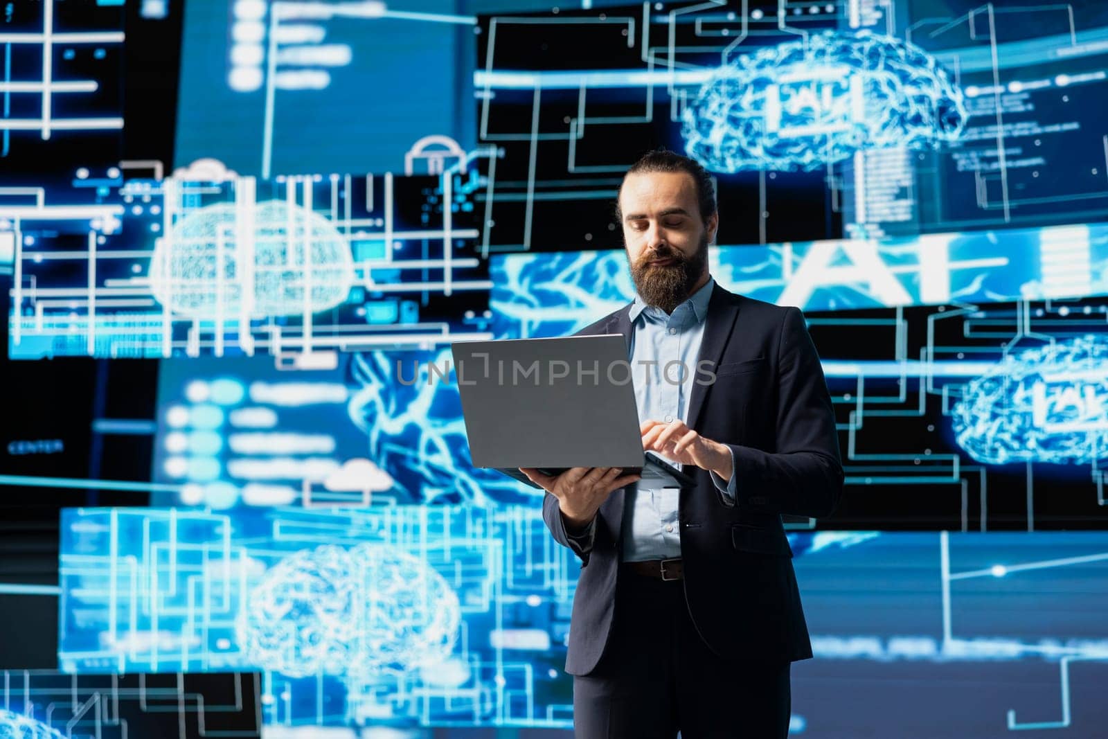 Tech savvy businessman reviewing AI brain programming for innovation, exploring algorithmic thinking and deep learning through neural network system. Virtual intelligence in the digital age.