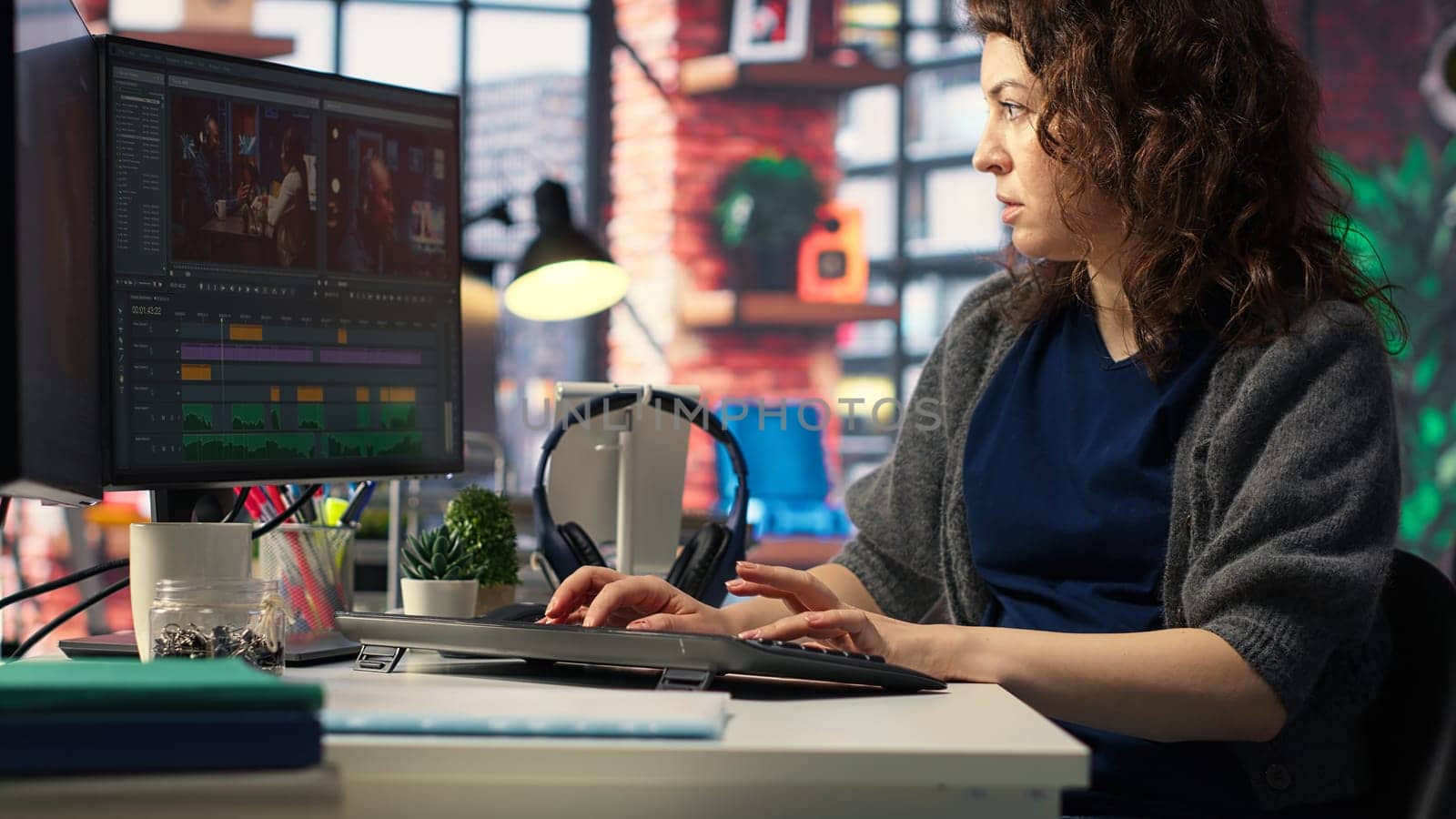 Woman video creator working on editing a movie montage project, multitasking with dual monitors. Female footage editor starting the cinematic creative process, film editing industry. Camera B.