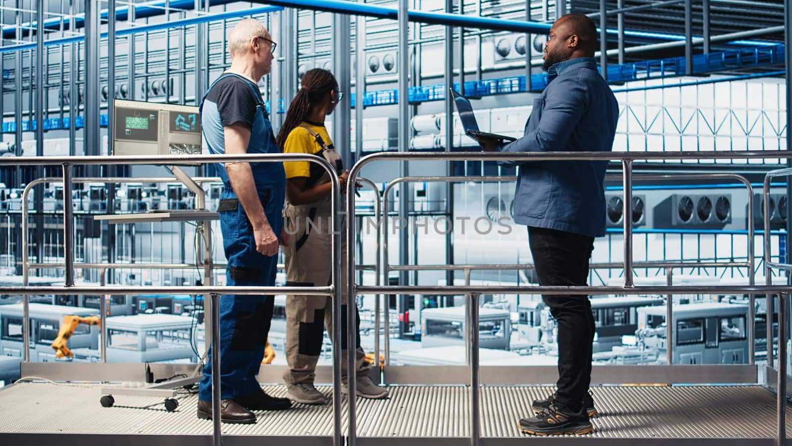Investor visiting industry 4.0 solar panels plant, talking with engineers to ensure limited downtime before investing. Photovoltaics smart factory shareholder checks work done by technicians, camera A