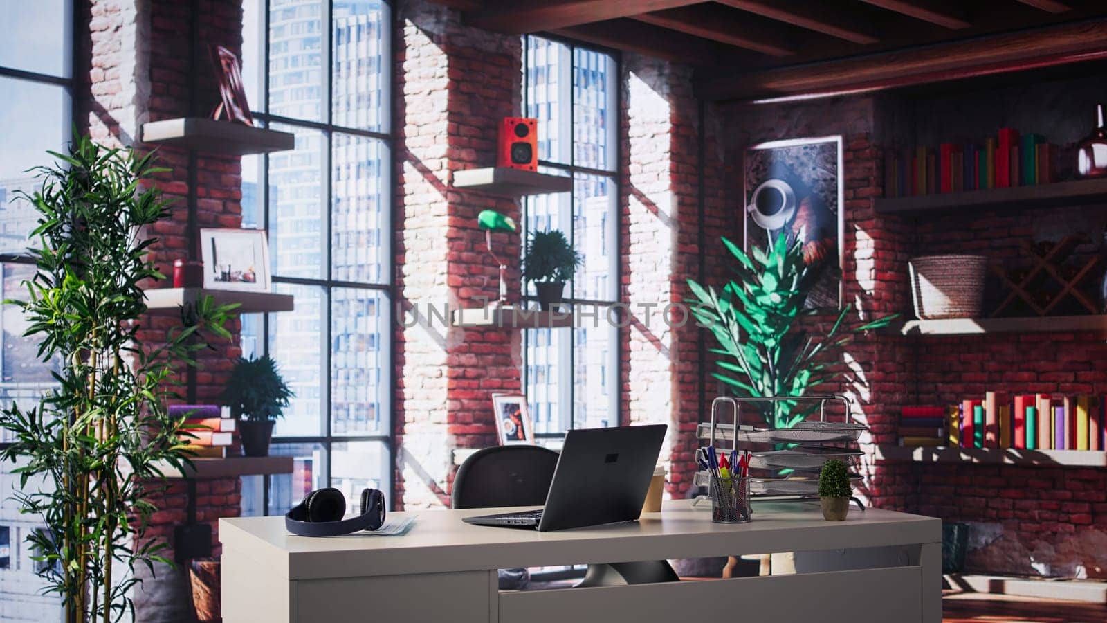 Empty desk in a luxurious loft apartment with a modern minimalist design. Bright spacious home office features sleek furniture, panoramic windows and an elegant ambiance perfect for creativity.