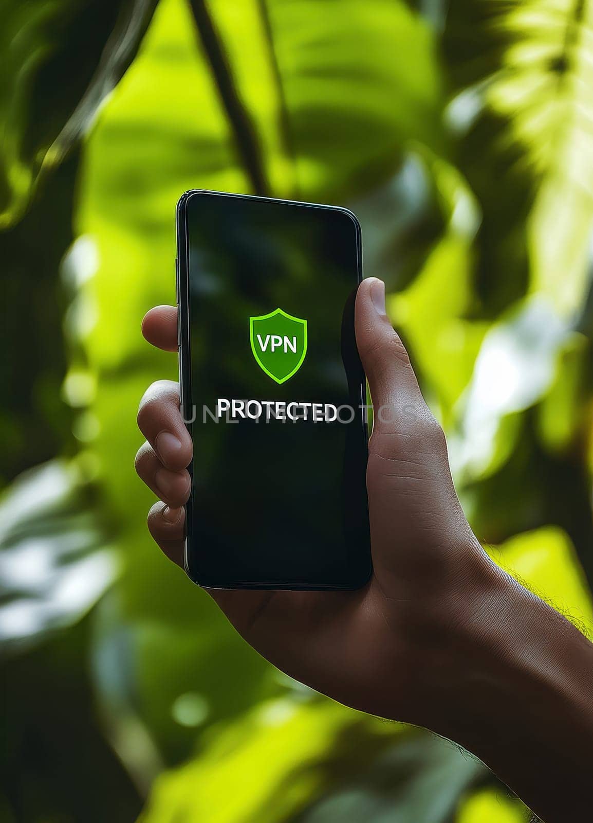 male hand holding phone with app vpn protected on the screen..