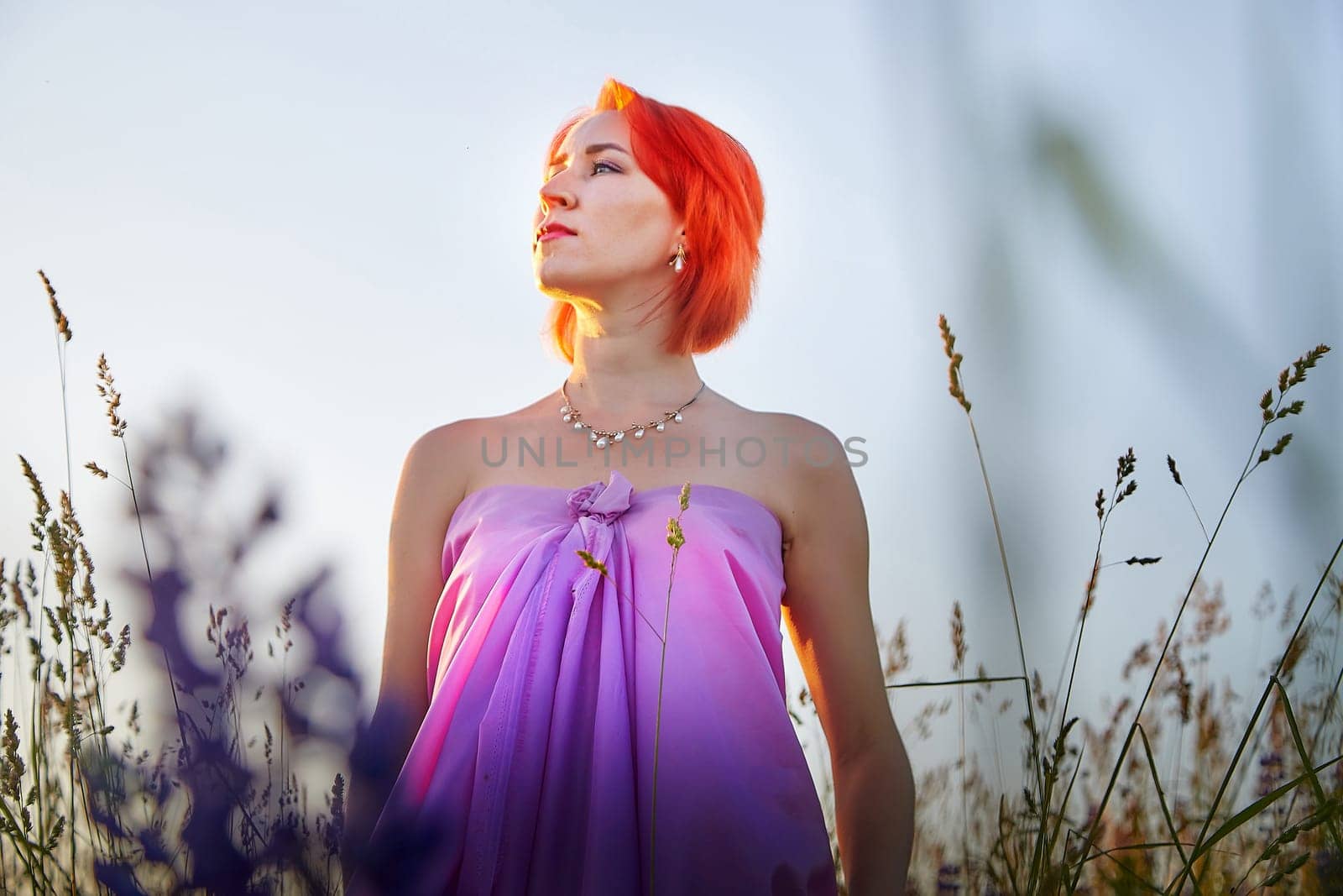 A woman with striking red hair is poised gracefully in a flowing pink dress. She stands amidst tall grass under a colorful sunset sky, creating a serene atmosphere.