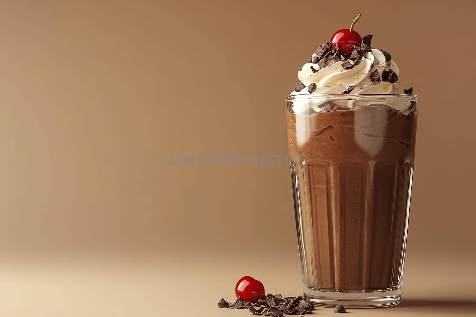 Sweet, rich chocolate mousse dessert with whipped cream and cherry on top in a glass. Chocolate dessert on a brown background.