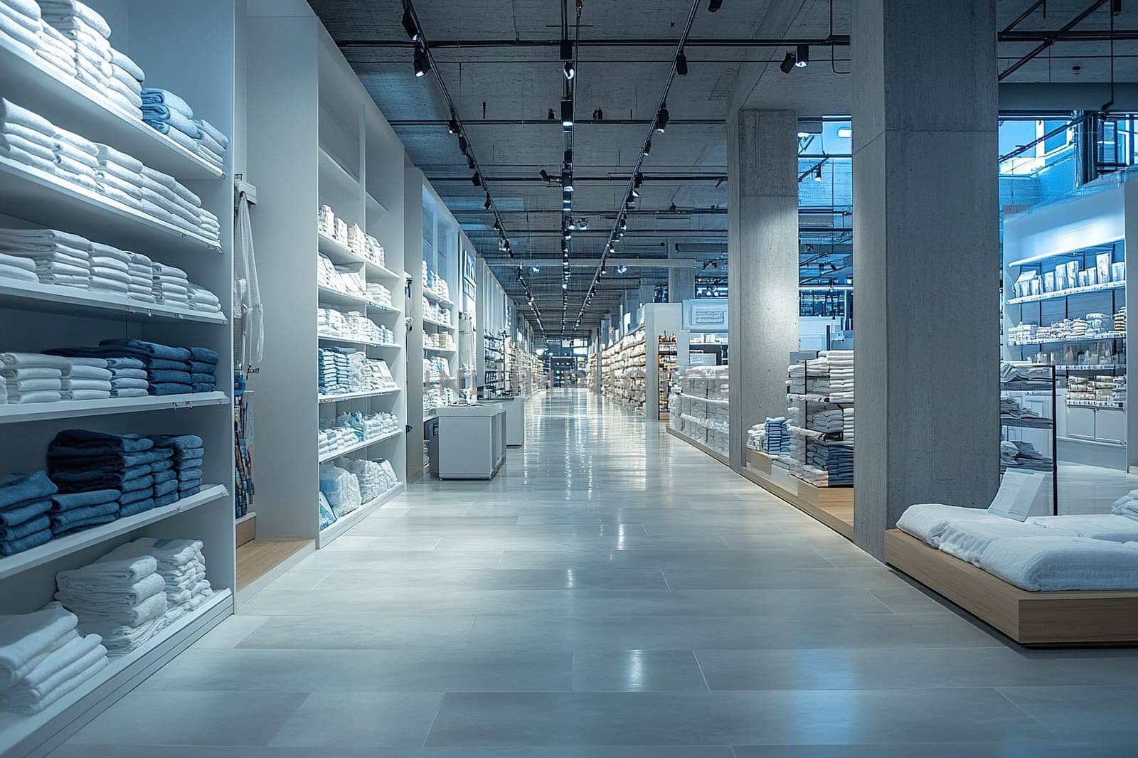 Home department with goods for the home. Textiles for the bathroom and bedroom are displayed on the shelves of the store.
