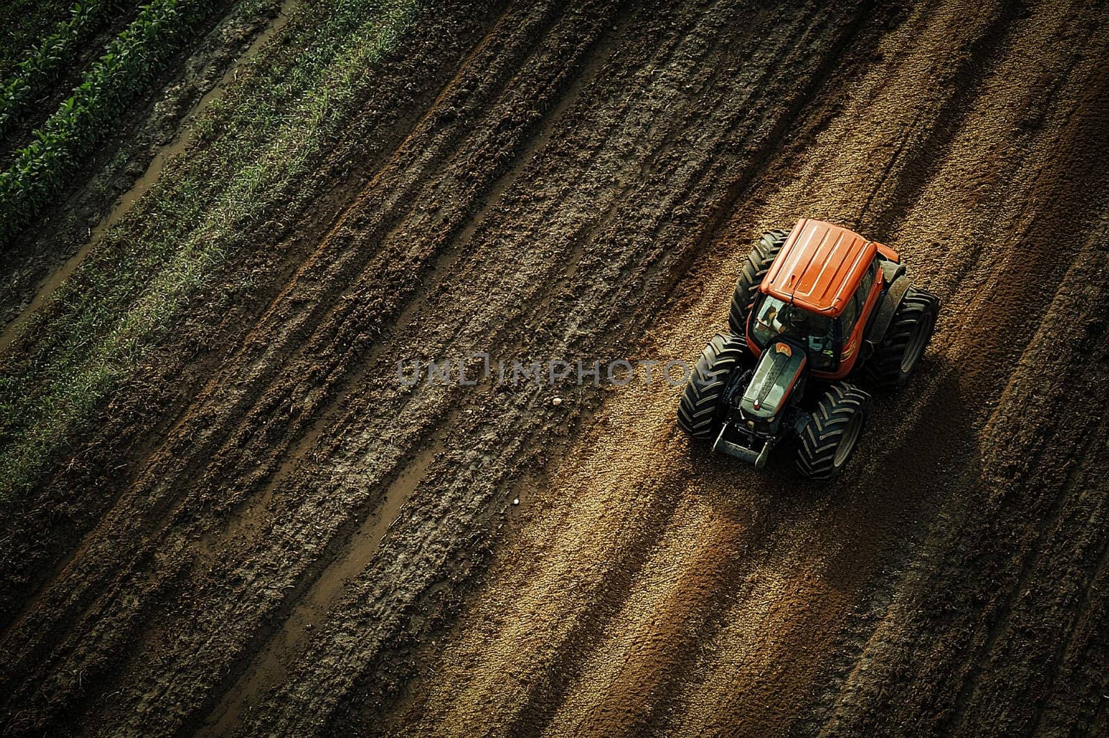 Red tractor driving on plowed field, top view. Agricultural machinery and farming concept.