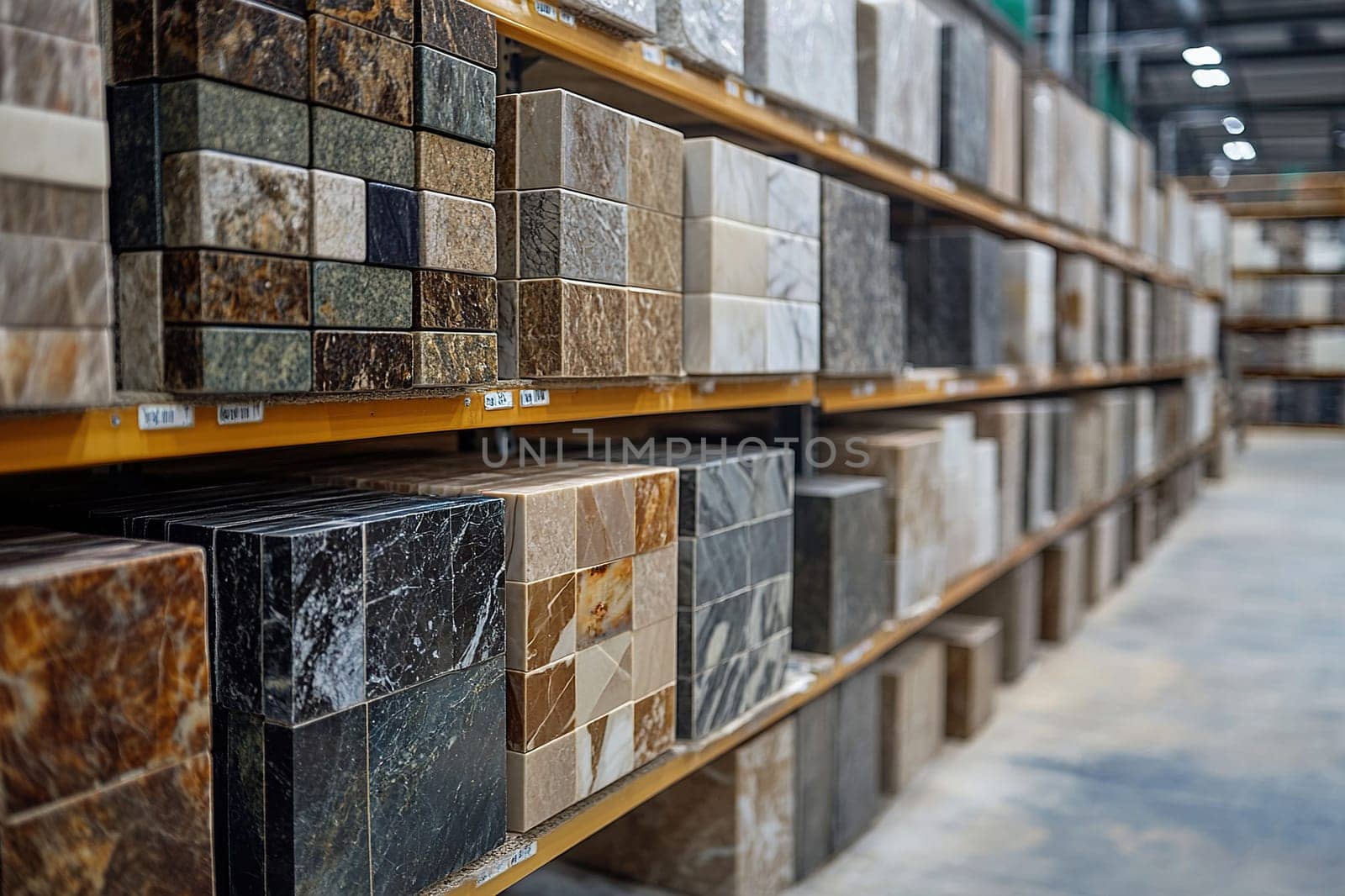 Construction store. Shelves with samples of decorative stone and marble used as finishing material