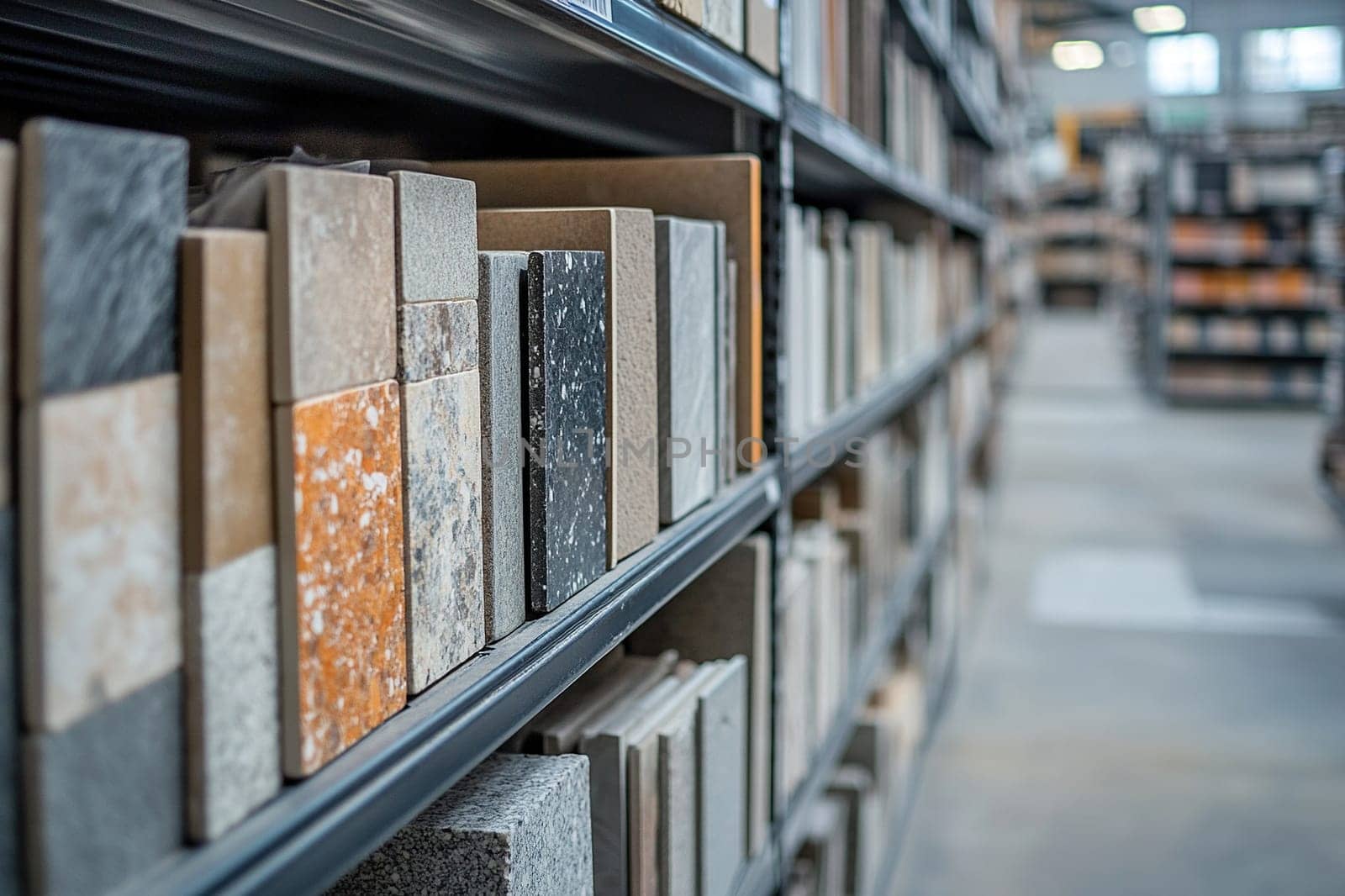 Samples of marble and porcelain tiles in a construction store. Concept of renovation and interior selection