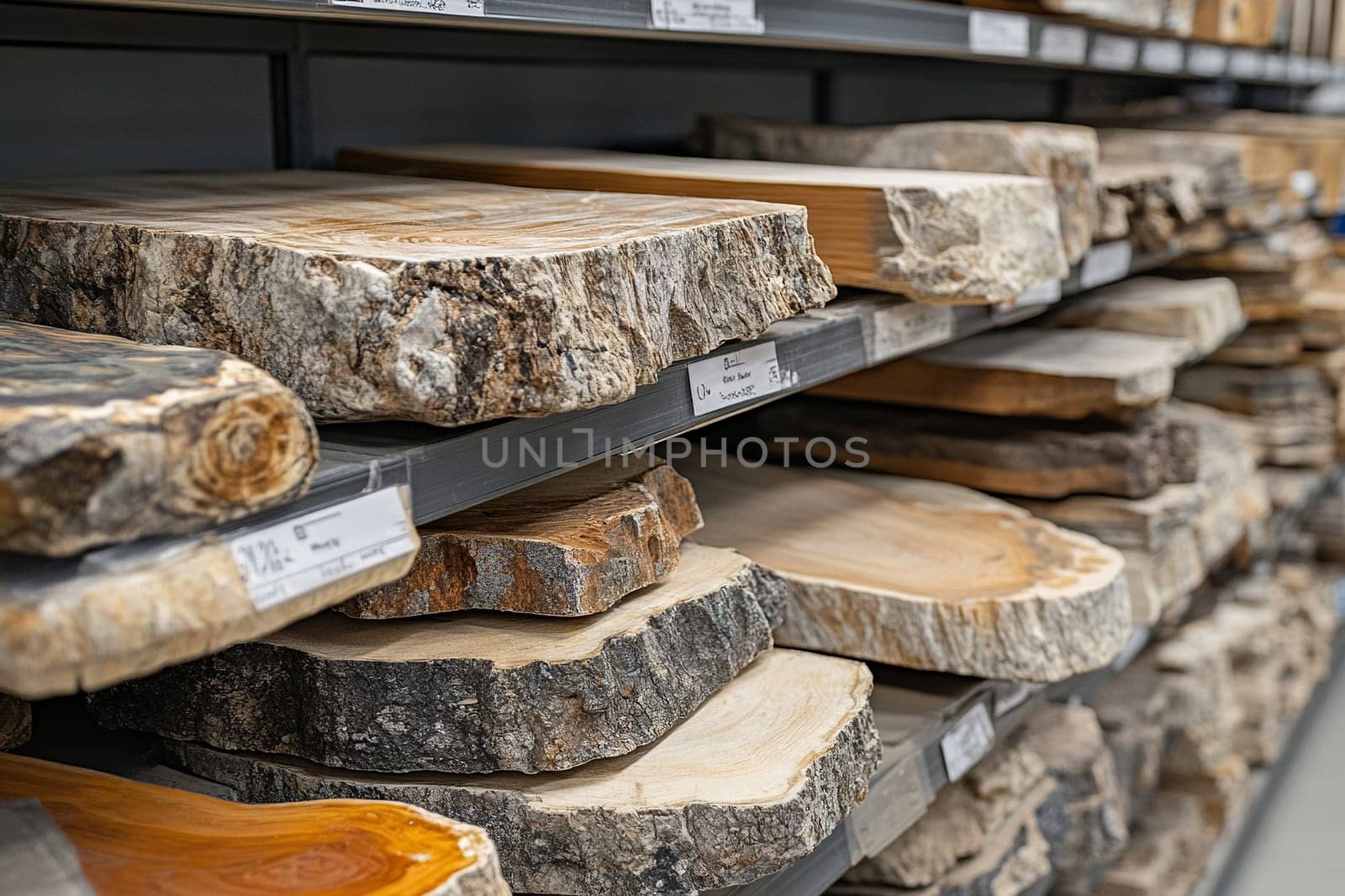 Round wooden trays and stands on the shelves of the store. Products made of natural wood.