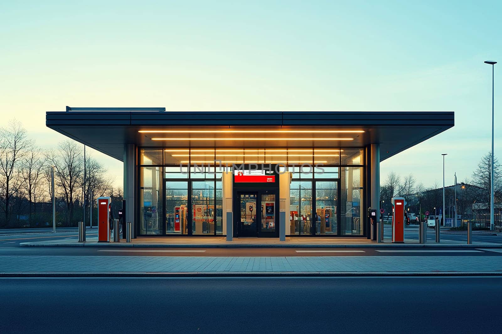 A petrol station on the outskirts of the city in the evening.