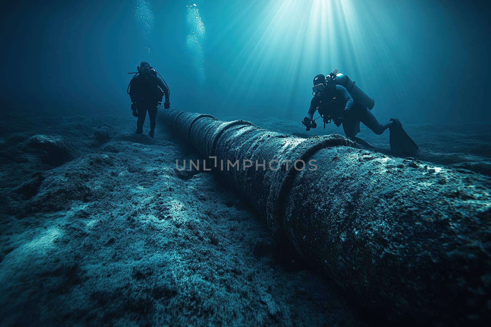 Divers inspect a pipe at the bottom of a reservoir. Oil and gas pipeline underwater. Maintenance of oil and gas pipelines underwater.
