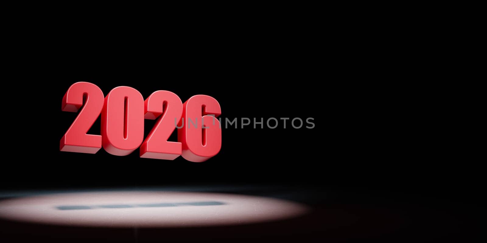Red 2026 Year Number Text Spotlighted on Black Background with Copy Space 3D Illustration