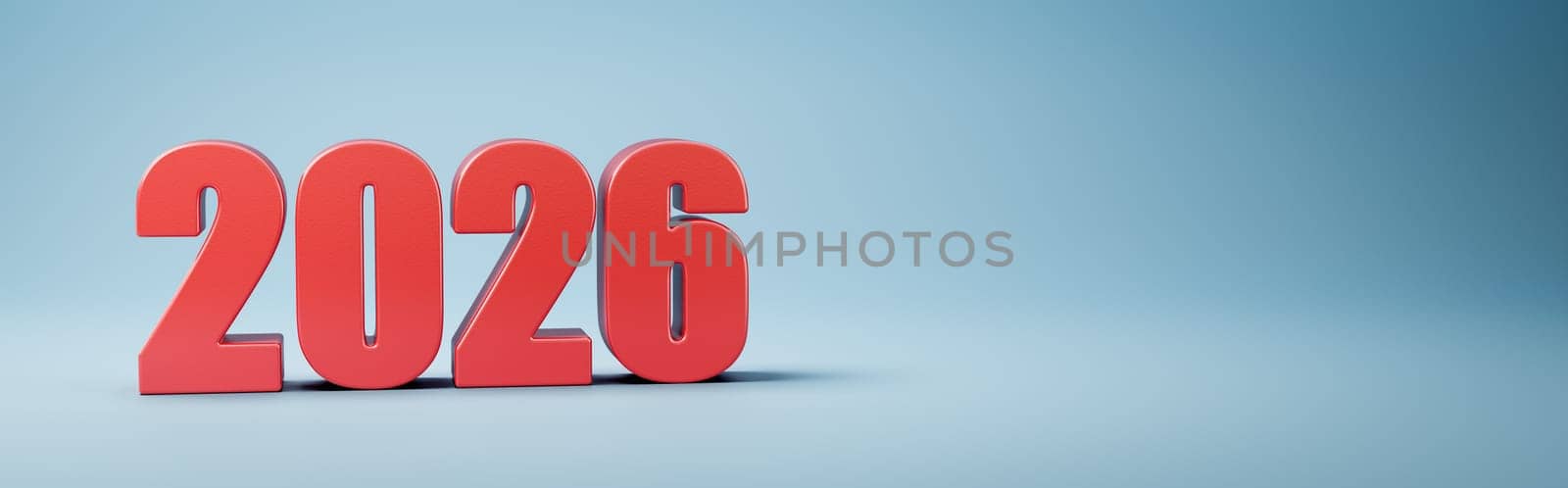 Red 2026 Year Number 3D Text on Blue Background with Copy Space 3D Illustration