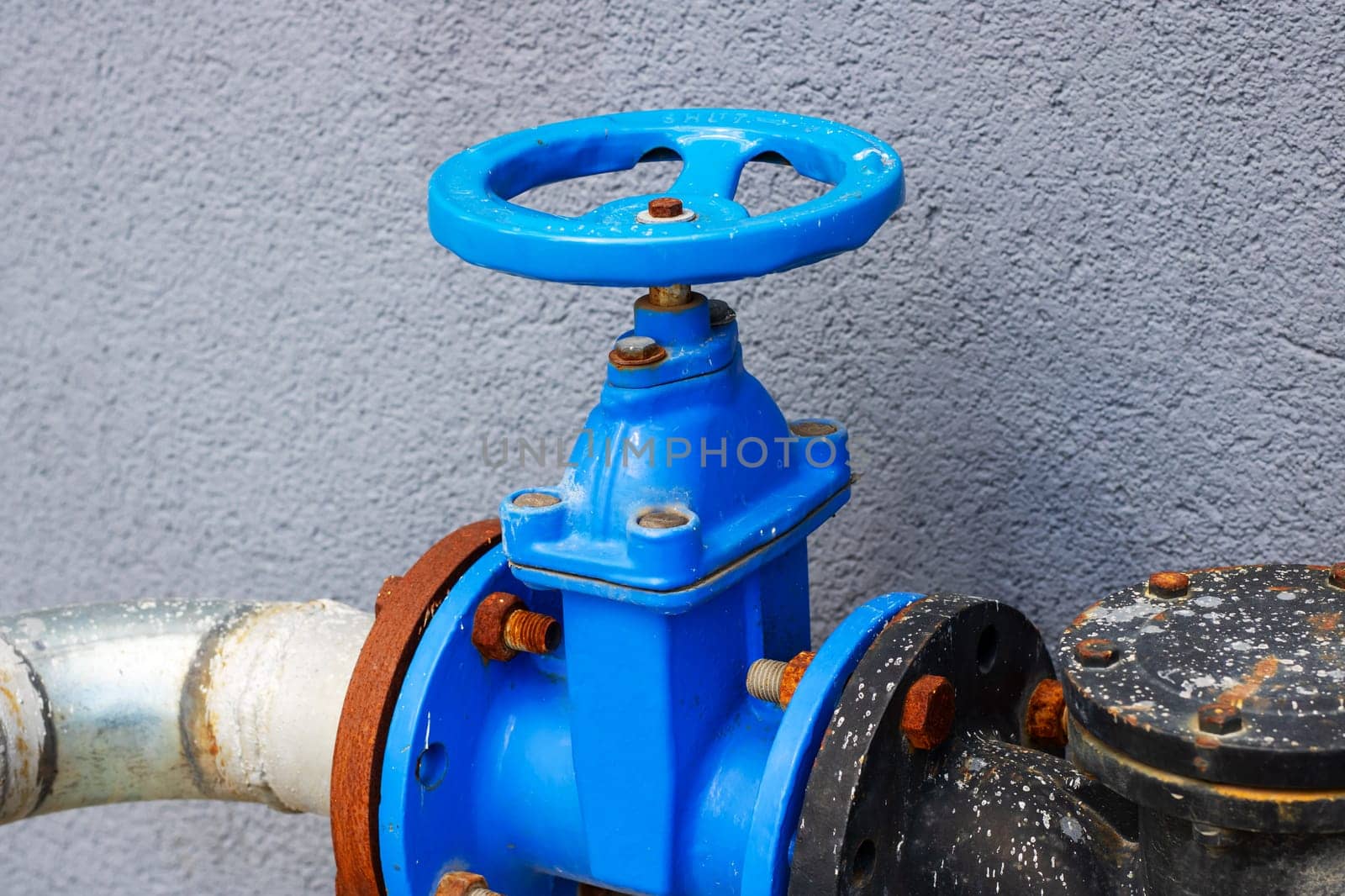 This is a detailed close up view of a blue valve that is attached to a pipe, showcasing the intricate design and features of the plumbing component