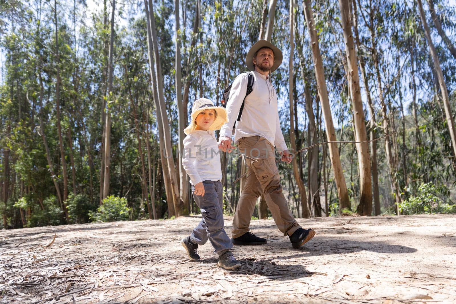 Father and son enjoying a leisurely hike through a sunny forest, holding hands and wearing hats