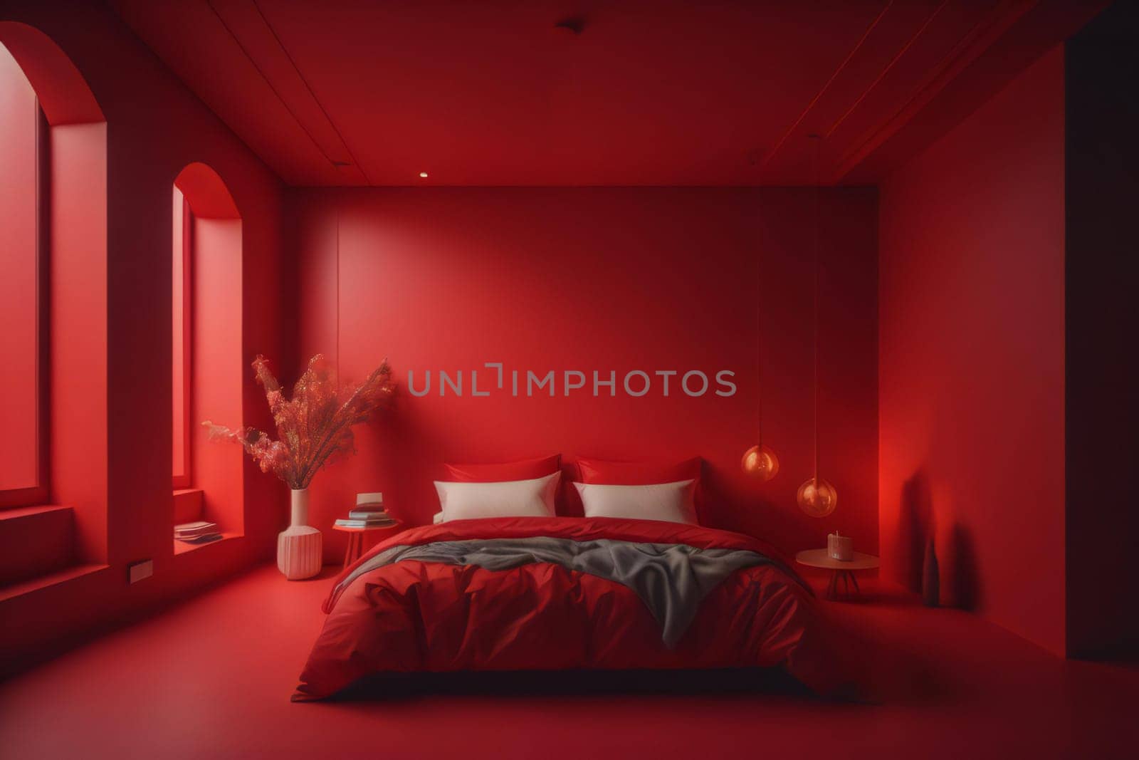Red bedroom interior with red walls, a comfortable bed with red pillows and a vase with flowers. generative ai