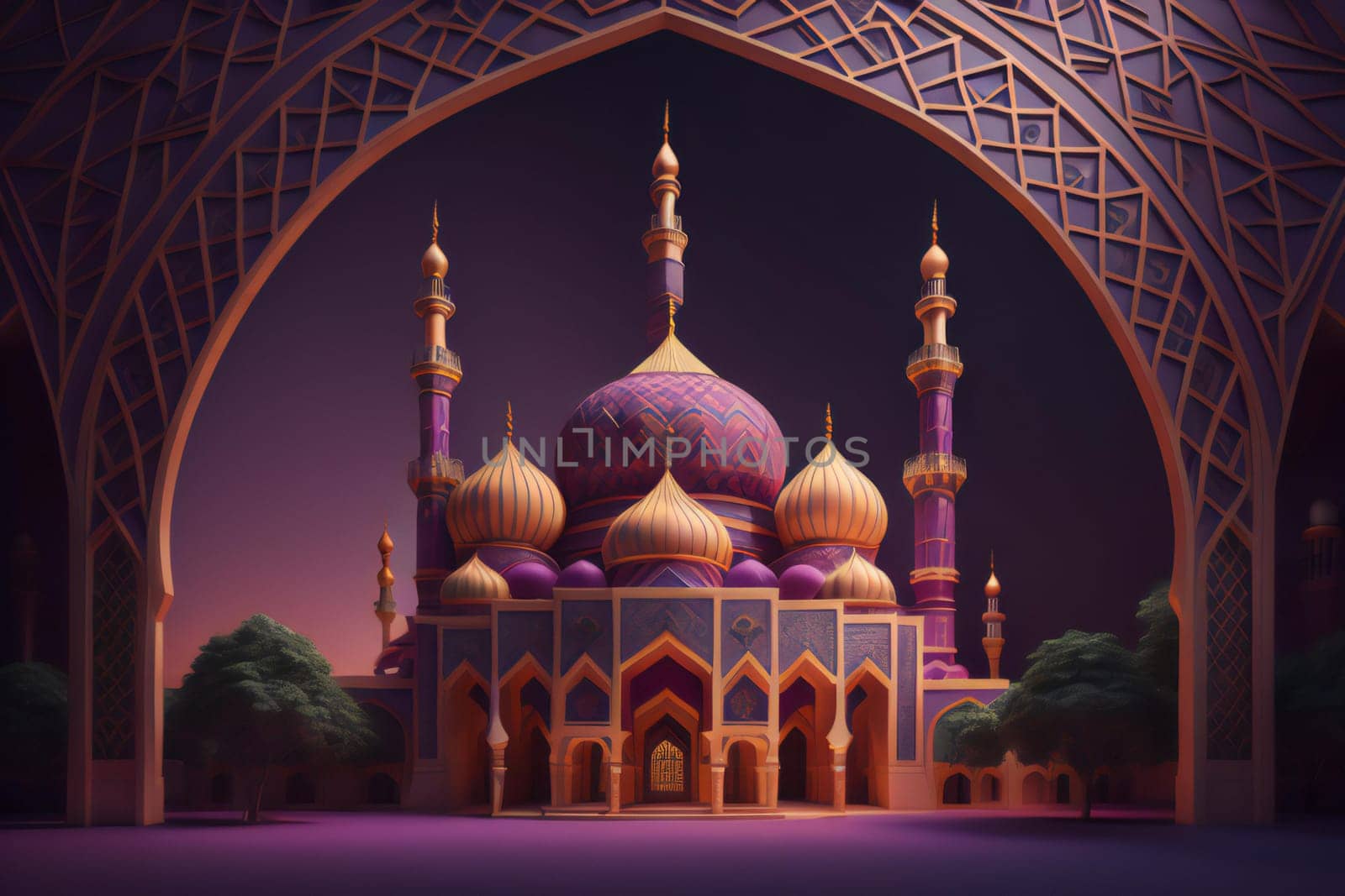 Mosque at sunset, Abu Dhabi, United Arab Emirates. ai generated