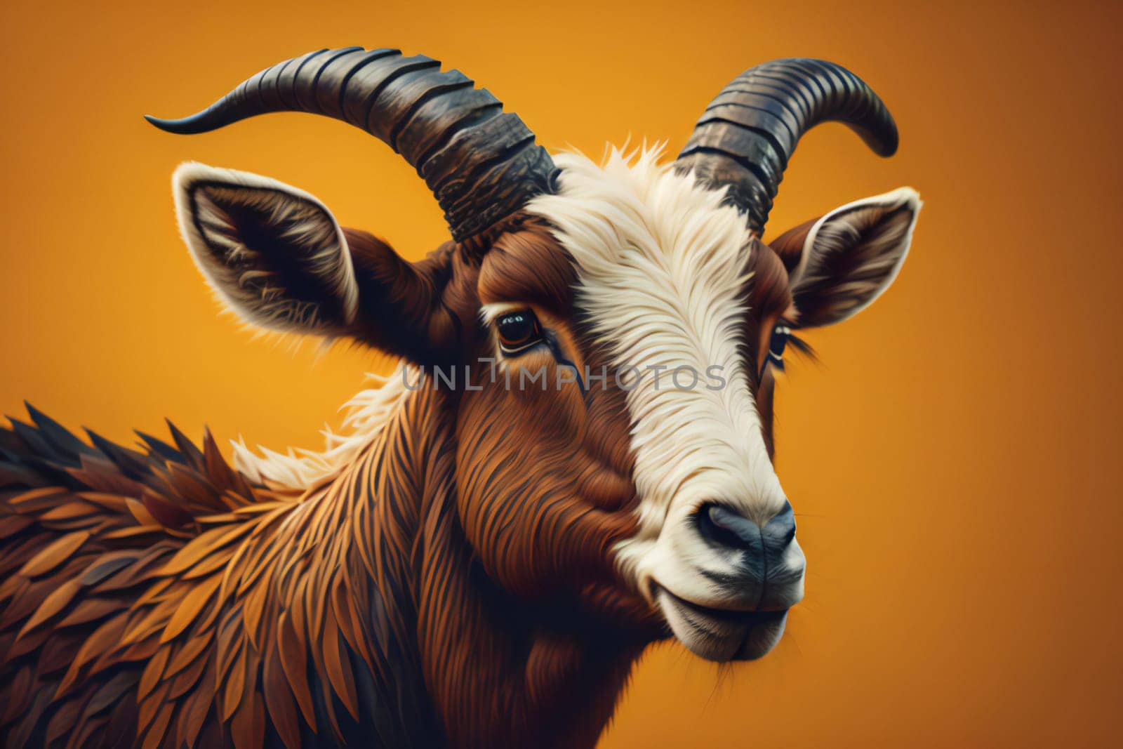 Portrait of a goat on a yellow background. Vintage style. generative ai