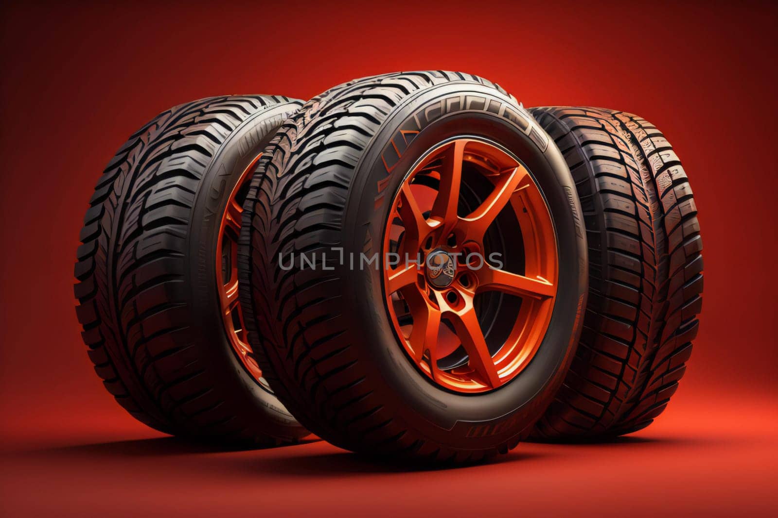 a set of car tires on a red background. generative ai