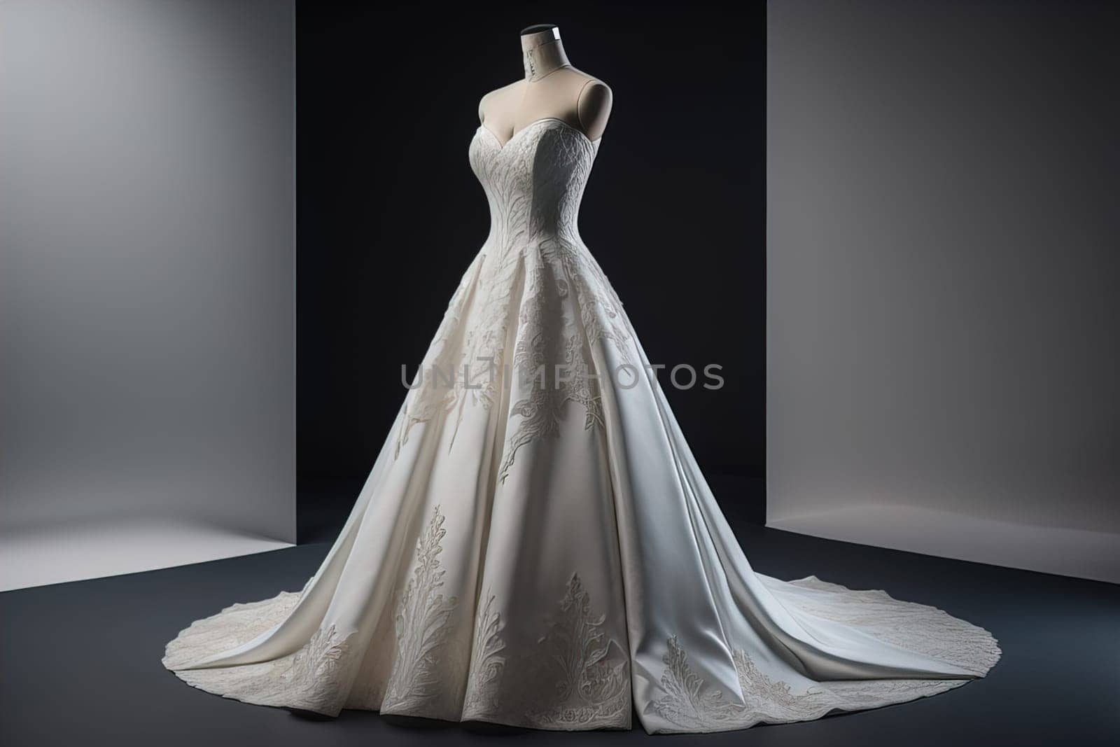 Wedding dress on a mannequin in the studio. generative ai