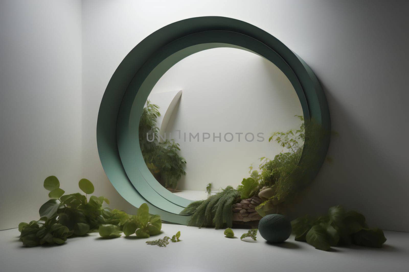 empty room with green plants and round mirror. generative ai
