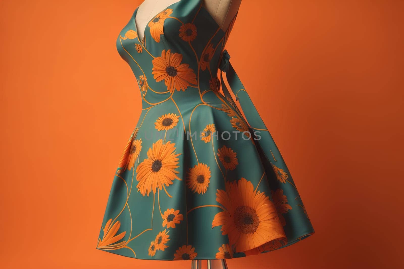 Beautiful floral dress on mannequin on orange background, closeup. generative ai