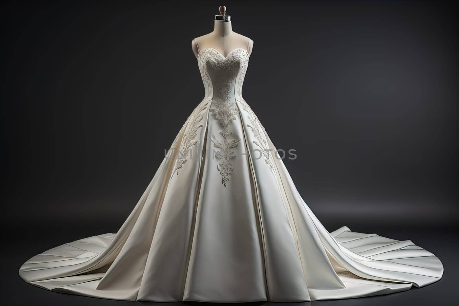 Wedding dress on a mannequin on a dark background. generative ai