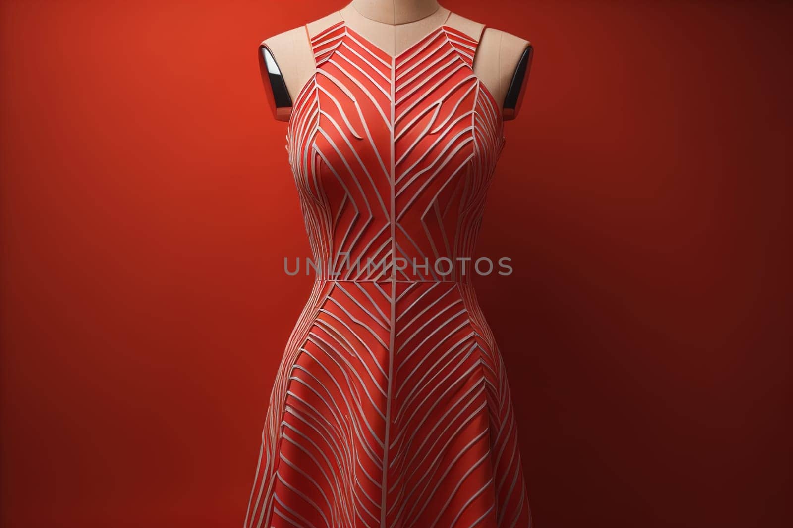 Fashionable red dress on a mannequin in studio. generative ai