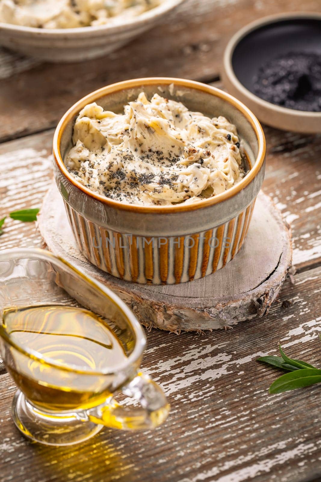 Homemade truffle butter with olive oil and black salt